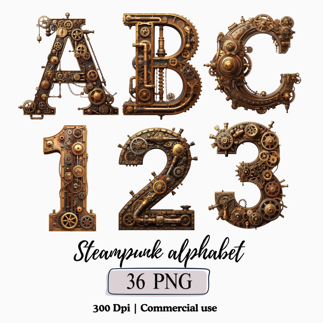 Steampunk Alpabets & Numbers PNG Bundle Industrial Clipart Retro ...