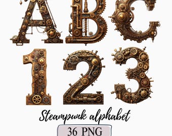 Steampunk Alpabets & Numbers PNG Bundle Industrial Clipart Retro Mechanical Letters Typography Steel Clockwork Font Vintage Gear Alphabets