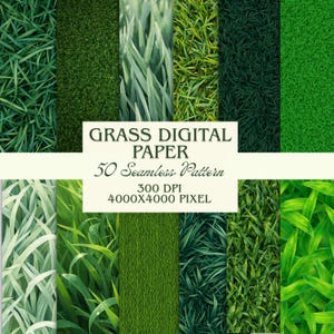 May include: A digital paper set featuring various green grass textures. The image displays a collection of 50 seamless patterns, with text indicating 300 DPI and 4000x4000 pixel resolution. The patterns showcase different types of grass.