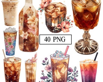 Iced Coffee PNG Floral Coffee Clipart Bundle, Cozy Cafe Graphic Illustrations, Whimsical Coffee Cup Designs Coffee lover PNG Boho coffee Art
