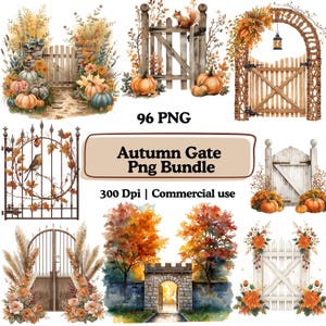 May include: A digital art bundle featuring watercolor illustrations of autumn gates, pumpkins, and fall foliage. The text "Autumn Gate Png Bundle" is displayed. The image includes various gate designs with a rustic, seasonal theme.