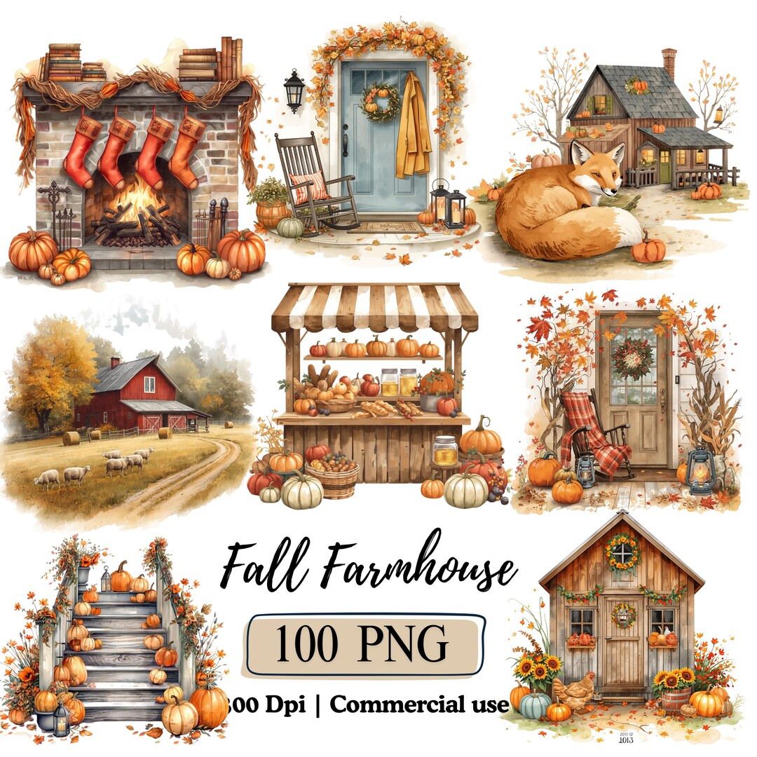 Rustic Farmhouse Clipart Watercolor Fall Cottagecore Png Autumn Harvest ...