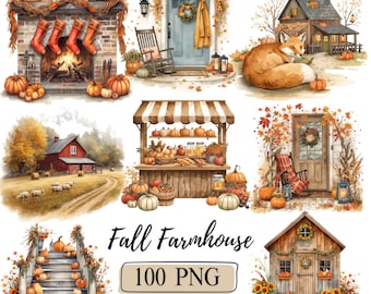 Rustic Farmhouse Clipart Watercolor Fall Cottagecore Png Autumn Harvest Scenes Farm Animals Decor Cozy Autumn Pumpkins Floral Illustrations