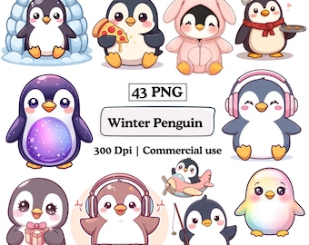 Paquete de imágenes prediseñadas de pingüino de invierno, animales árticos, pingüino divertido, acogedor, baby shower, sublimación, decoración de cumpleaños para niños kawaii, PNG, amantes de los pingüinos