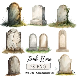May include: Watercolor illustrations of various tombstones in shades of gray, beige, and brown. Some are adorned with grass and vines. The image includes the text "Tomb Stone 28 PNG 300 Dpi | Commercial use."