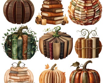 31 Fall Book Pumpkin Clipart PNG Bundle Autumn Pumpkin Sublimation Design Retro Reading Bookish Clipart Book Lover Bundle Vintage Book Stack