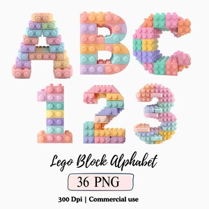 May include: Pastel-colored Lego block alphabet and numbers, including A, B, C, 1, 2, and 3. The image also includes the text "Lego Block Alphabet", "36 PNG", "300 Dpi | Commercial use".