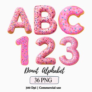 Könnte beinhalten: Rosa Donut-Alphabet Buchstaben und Zahlen A, B, C, 1, 2 und 3, mit bunten Streuseln. Das Bild enthält den Text "Donut Alphabet" und "36 PNG". Die Donuts haben eine hellbraune Basis.