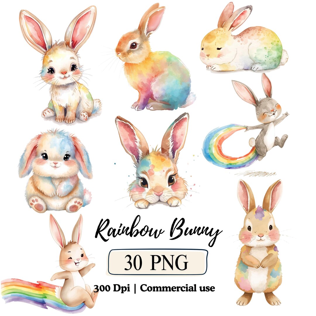 Rainbow R Rabbit Rainbow Bunny PNG Quirky Rabbit Clipart Bundle Cartoon Illustration ...