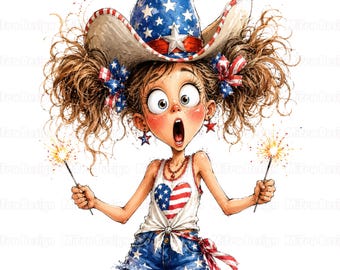 30 Patriotic Girl Png 4th of July Quirky Girl Clipart American Independence Day USA Flag Kids Party Illustration Memorial Day Red White Blue
