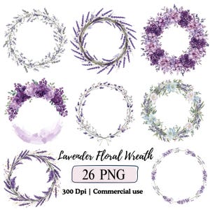 May include: Nine watercolor floral wreaths in shades of purple, lavender, and green. The wreaths feature various flower arrangements, including lavender and other floral elements. The image includes the text "Lavender Floral Wreath" and details about the image file.