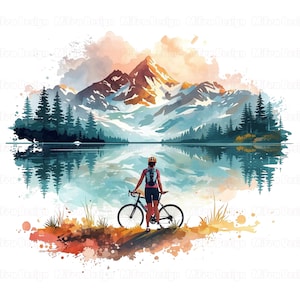 Puede incluir: Ilustraci&oacute;n en acuarela de un ciclista con una bicicleta de monta&ntilde;a, frente a un lago sereno que refleja una cordillera. La escena presenta a una persona con casco y mochila, con un cielo vibrante y &aacute;rboles exuberantes.