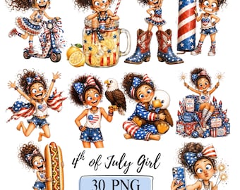 30 Patriotic Girl Png 4th of July Quirky Girl Clipart American Independence Day USA Flag Kids Party Illustration Memorial Day Red White Blue