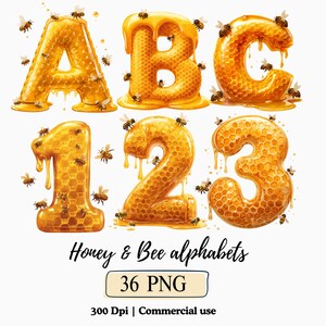 May include: Honey-themed alphabet letters and numbers, including A, B, C, 1, 2, and 3, with a honeycomb texture and dripping honey effect. Bees are scattered around the letters and numbers. The text "Honey & Bee alphabets" is below the letters and numbers.