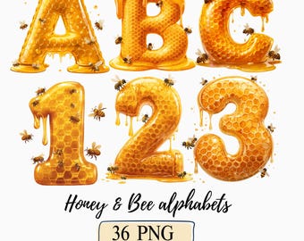 Honey Alphabets Clipart Watercolor Honeycomb Gold Letters Png Dripping Honey Kids Nursery Decor Bumble Bee Numbers Font ABC Classroom Decor