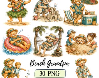 Funny Beach Grandpa Clipart Tropical Beach Vacation Png Watercolor Senior Old Man Grandpa Father's Day Gift Tropical Summer Beach Ocean Png