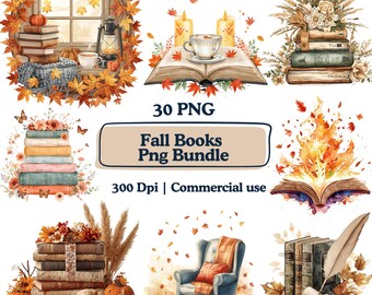 May include: A digital art bundle featuring watercolor illustrations of books, pumpkins, and autumn leaves. The images include stacks of books, open books with candles, and a cozy armchair scene. The text reads "Fall Books Png Bundle".