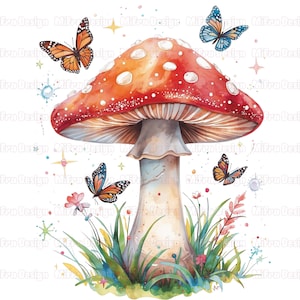 May include: A watercolour illustration featuring a red mushroom with white spots, butterflies, and wildflowers. The mushroom has a light grey stem, set against a white background. The butterflies are orange and blue.