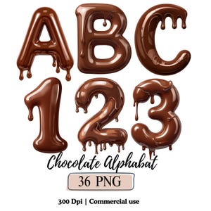 May include: A digital image of chocolate letters and numbers. The letters A, B, and C, and the numbers 1, 2, and 3 are rendered in a glossy, dripping chocolate effect. The words "Chocolate Alphabet" are written below, along with "36 PNG".
