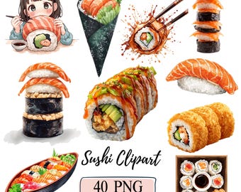 Kawaii Sushi Clipart Watercolor Japanese Food PNG Cartoon Seafood Sushi Roll Sashimi Nigiri Noodles Soy sauce Food Characters Illustrations