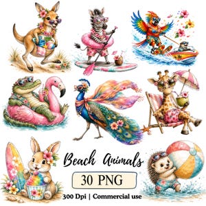 Könnte beinhalten: Aquarellillustrationen von Strandtieren, darunter ein Känguru, ein Zebra, ein Papagei, ein Alligator, ein Flamingo, ein Pfau, eine Giraffe, ein Hase und ein Igel. Jedes Tier trägt Strandkleidung wie Sonnenbrillen und Blumenketten. Der Text "Beach Animals" und "30 PNG" ist enthalten.