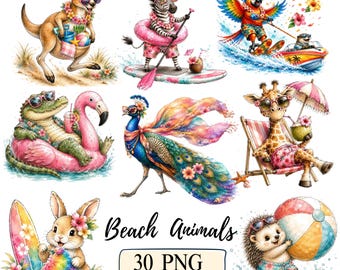 30 Funny Beach Animals Summer Vacations Pool Party PNG Ocean Animal  Watercolor Beach Party Items Quirky Animal Whimsical Coastal Design Art