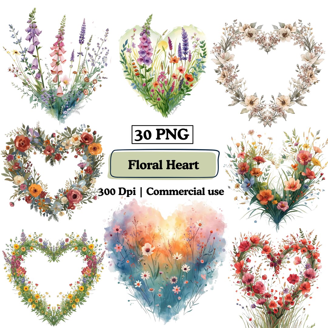 Wildflower Floral Heart Clipart Hearts PNG Bundle, Whimsical Heart ...