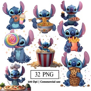 May include: A collection of cartoon images of Stitch, the blue alien from Lilo & Stitch, enjoying various foods like donuts, noodles, sushi, and popcorn. The images are in a PNG format, with the text "32 PNG" and "300 Dpi | Commercial use".