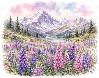 25 Lupine Flowers Clipart Watercolor Purple Floral Botanical Blue Flower Garden Lupine Bouquet Blooming Meadow Borders Mountain Wildflower