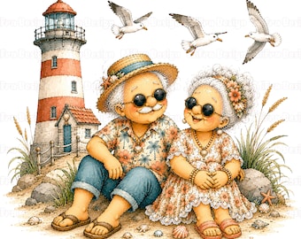 42 Senior Couple PNG Whimsical Elderly Couple Beach Clipart Funny Old Couple Romantic Grandparents Summer Vacation Trip Ocean Old Friends