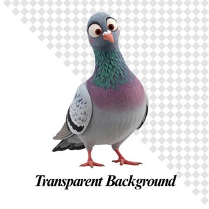May include: A cartoon pigeon with a gray body, a purple chest, and a green and purple neck. The bird has large, expressive eyes and a pink beak. The text "Transparent Background" is at the bottom.