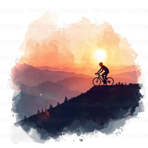 Puede incluir: Silueta de un ciclista en bicicleta en la cima de una monta&ntilde;a al atardecer. La imagen presenta un estilo acuarela con tonos naranja, rojo y morado. El sol se pone detr&aacute;s de la cordillera.
