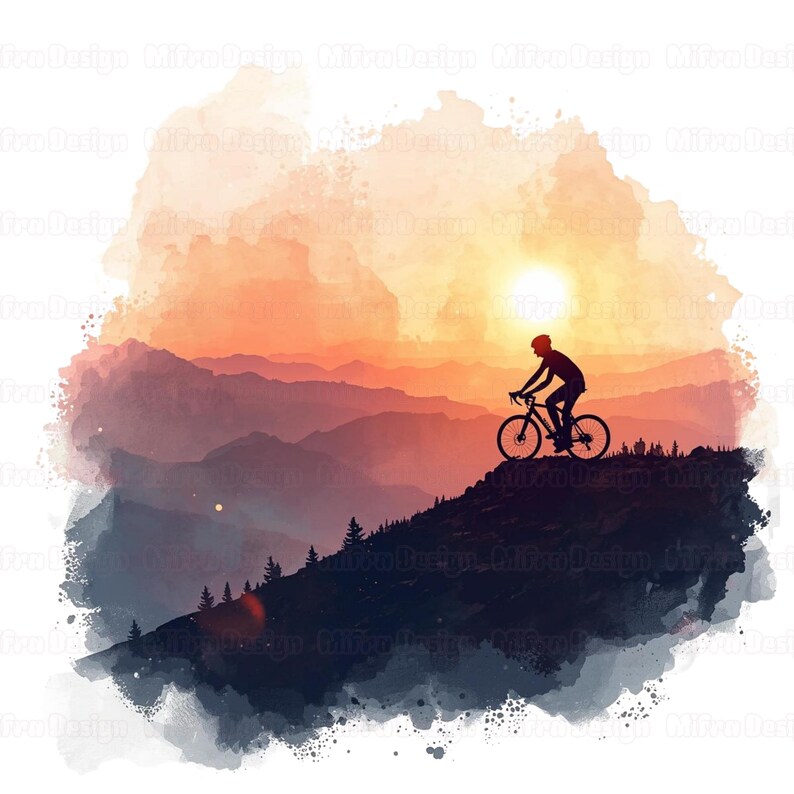 Puede incluir: Silueta de un ciclista en bicicleta en la cima de una monta&ntilde;a al atardecer. La imagen presenta un estilo acuarela con tonos naranja, rojo y morado. El sol se pone detr&aacute;s de la cordillera.