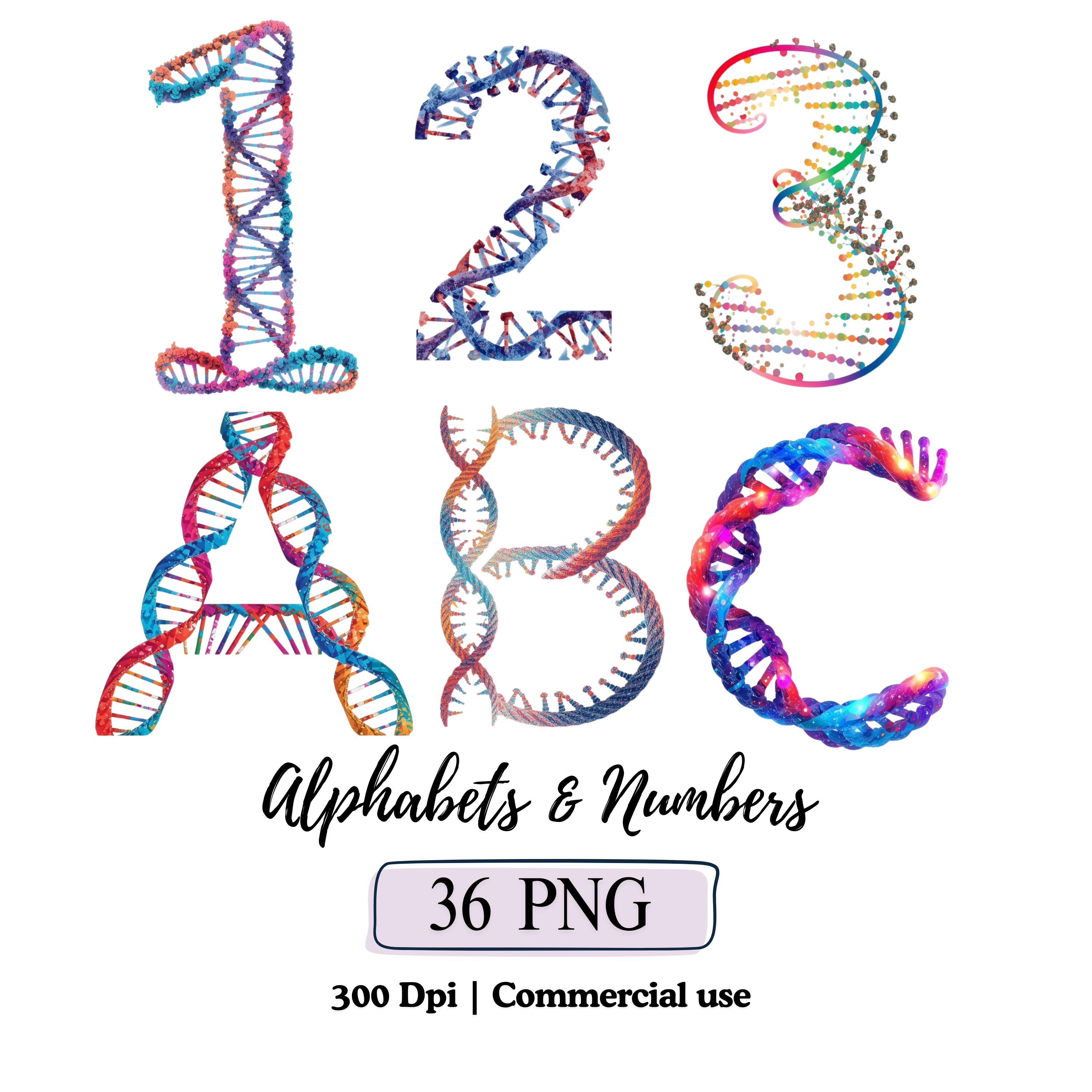 DNA Alphabet and Number PNG Rainbow Color Letter Clipart Bundle Genes ...