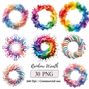 May include: Nine colourful rainbow wreath designs. The wreaths are in various styles, including watercolour, abstract, and floral. The image includes the text "Rainbow Wreath" and "30 PNG". The image is for commercial use.