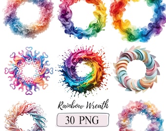 Paquete de imágenes prediseñadas de marcos florales coloridos con corona de arcoíris PNG, acuarela, humo etéreo, gráfico, primavera, pastel, flor, bohemio, salpicadura de pintura, marco artístico