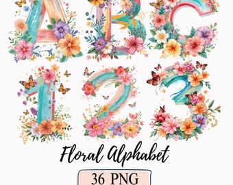 Floral Brushstroke Alphabets Watercolor Colorful Artistic Letters PNG Font Pastel Botanical Floral Letters Png Preppy Doodle alphabet font