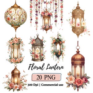 Puede incluir: Una colección de faroles dorados ornamentados con arreglos florales. Los faroles varían en forma y diseño, algunos esféricos y otros con intrincados patrones geométricos. La imagen incluye el texto "Floral Lantern" y "20 PNG".
