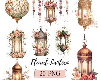 Floral Lantern PNG Antique Lights Cottagecore Lantern Clipart Set, Watercolor Rustic Ramadan Lantern Illustrations, Fantasy Lanterns ClipArt