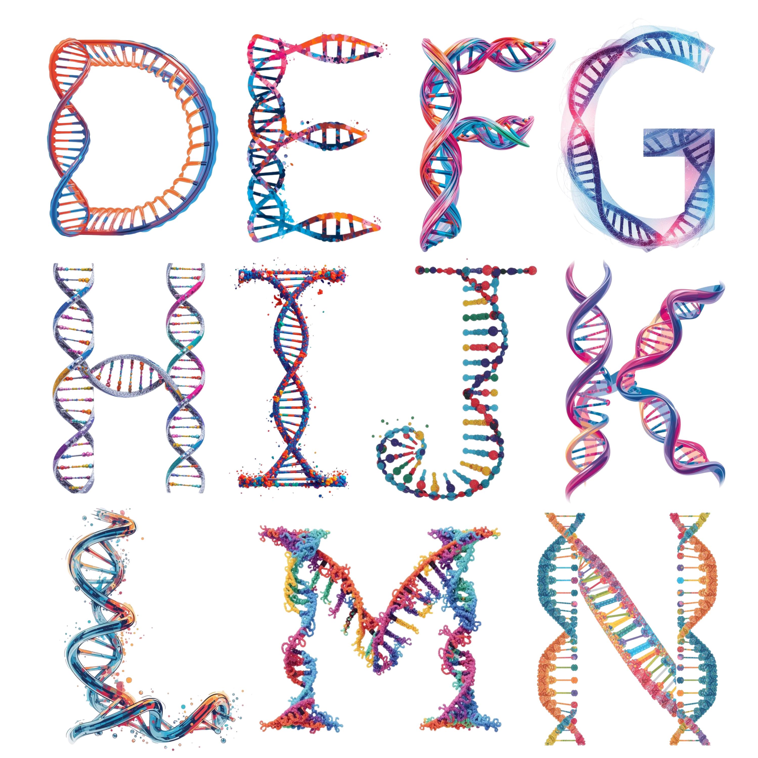Dna Lettering Classification DNA Alphabet and Number PNG Rainbow Color Letter Clipart Bundle Genes ...