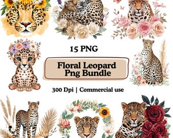 Floral Leopard Clipart Png Bundle, Vintage Leopard Dark Floral Sublimation Designs, Wild Cats Safari Animal Graphics, Printable clipart PNG