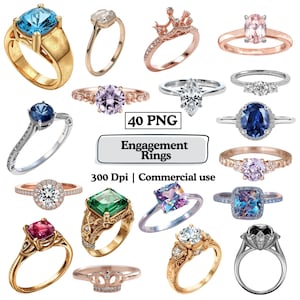 Puede incluir: Una colección de anillos de compromiso con varios cortes y engastes de piedras preciosas. Los anillos presentan bandas de oro, plata y oro rosa, con piedras en azul, transparente, rosa, morado y verde. La imagen incluye el texto "Engagement Rings".