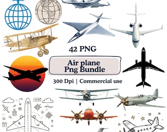 Paquete de imágenes prediseñadas de avión PNG, diseños de sublimación de aviación para guarderías de transporte aéreo, piloto, aviador, Cessna, dirigible, gráficos de viaje PNG