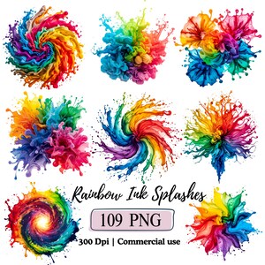 May include: A collection of eight vibrant, multi-colored ink splash graphics arranged in a grid. The text reads Rainbow Ink Splashes, 109 PNG, and 300 Dpi | Commercial use. Each graphic features swirling, explosive patterns of red, blue, yellow, and green.