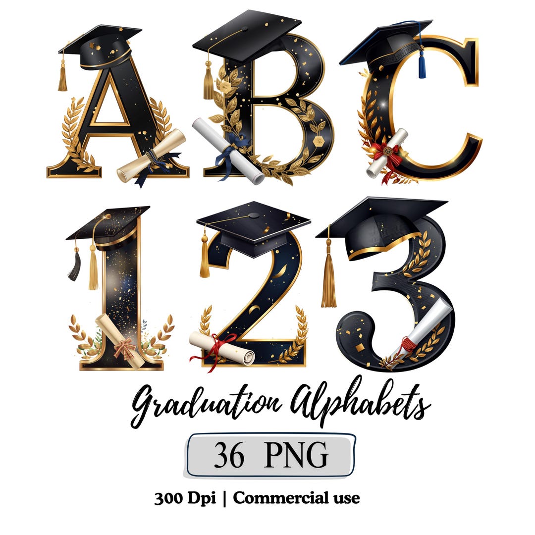 Graduation Alphabets Clipart Black Gold Letters Graduation Cap Png ...