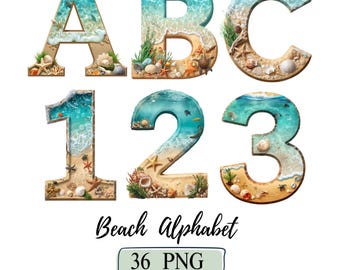 Beach Alphabets Png Watercolor Ocean Alphabet Clipart  Coastal ABC Graphics Summer Font Illustrations Coastal Sand Seashell Alphabet Letters