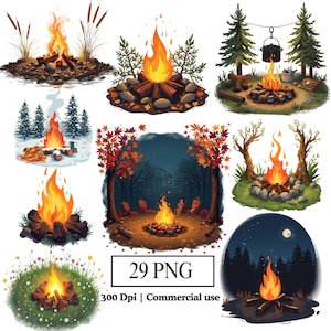 May include: A collection of nine digital illustrations of campfires in various settings. The illustrations feature campfires with bright orange and yellow flames, surrounded by logs, rocks, and foliage. The text "29 PNG" and "300 Dpi | Commercial use" is also included.