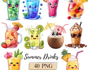 Summer Drinks Clipart Watercolor Tropical Beach Drink Illustrations Fruit Cocktail Party PNG Floral Lemonade Smoothie Beverage Iced Coffee