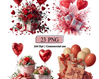 May include: A collection of Valentine's Day-themed digital graphics. The image features heart-shaped balloons, bouquets of roses, gift boxes with ribbons, and scattered hearts. The text "23 PNG" and "300 Dpi | Commercial use" are also present.