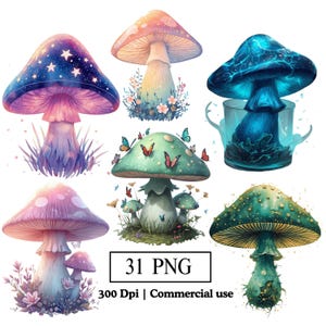 May include: A set of watercolour illustrations of fantasy mushrooms in various colours. Some mushrooms feature star patterns, butterflies, or floral accents. The image includes the text "31 PNG" and "300 Dpi | Commercial use".